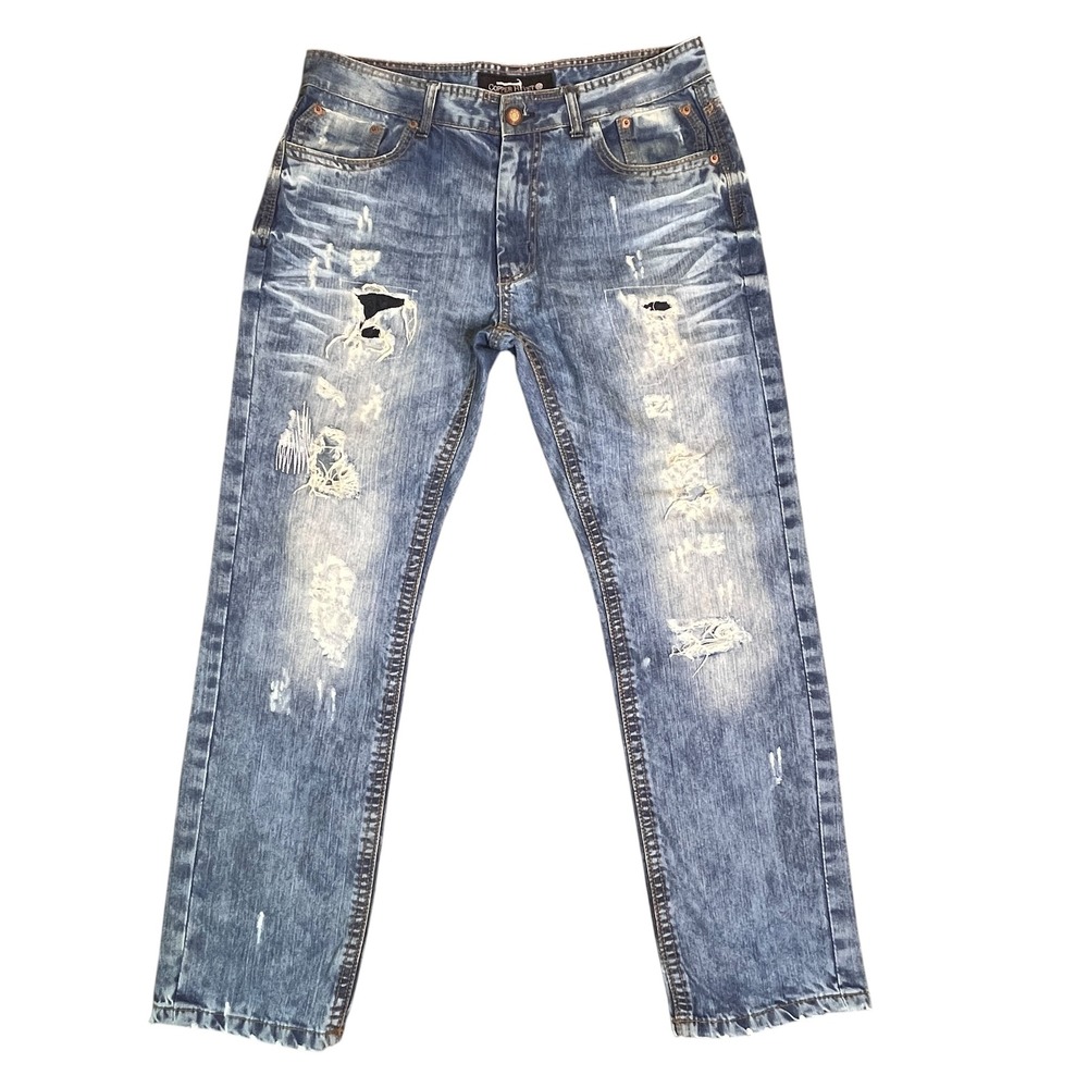 Copper Rivet Distressed Jeans Mens 36x32 Blue Acid Wash Ripped Repaired Grunge